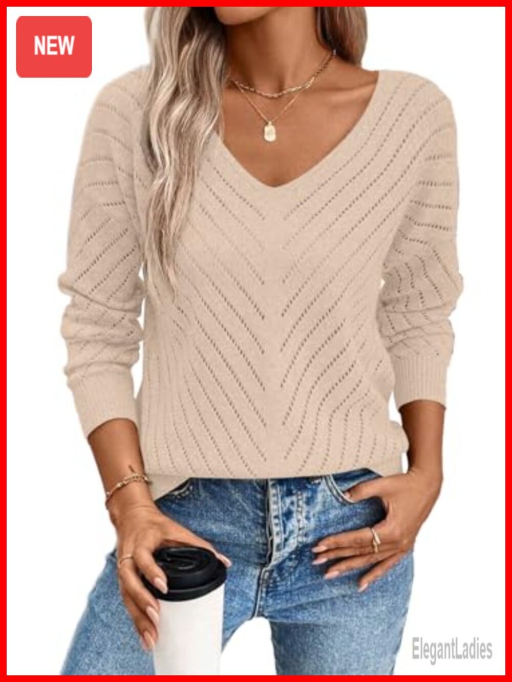 SHEWIN Womens V Neck Long Sleeve Knit Hollow Out Crochet Sweater Fall Outfit